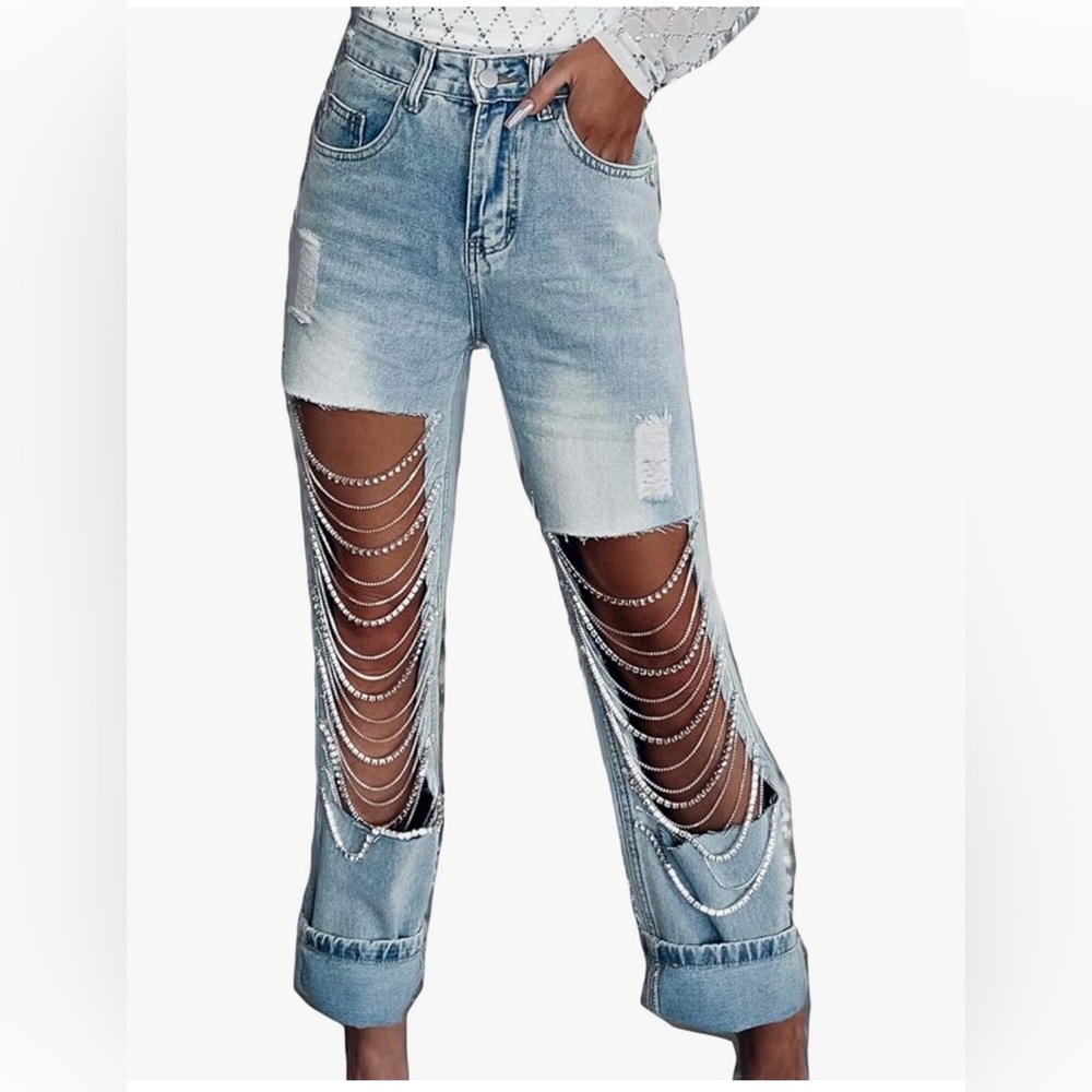 Ripped Rhinestone Straight Jeans